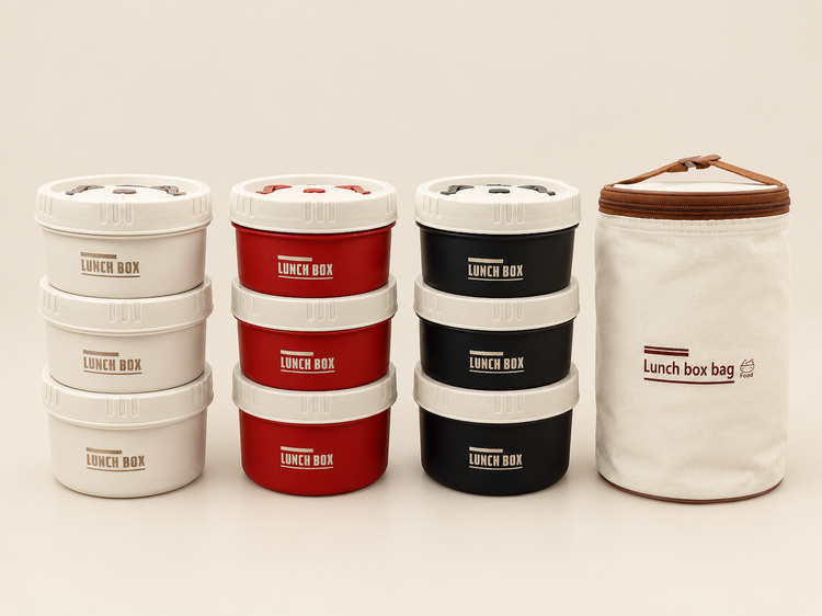 لانچ باکس 3 تکه به همراه کیف برزنتی عایق دار بدون نشتی Bento box